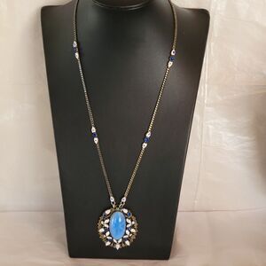 VTG 1920s Art Deco Max Neiger White Enamel Blue Dot Czech Glass Necklace 24 in.